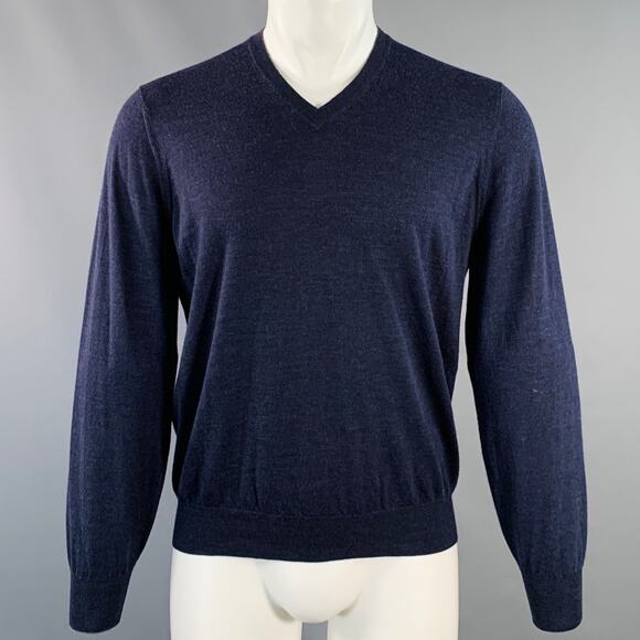 BRUNELLO CUCINELLI Size M Navy Jersey Wool Cashmere V-Neck Pullover - Picture 1 of 9